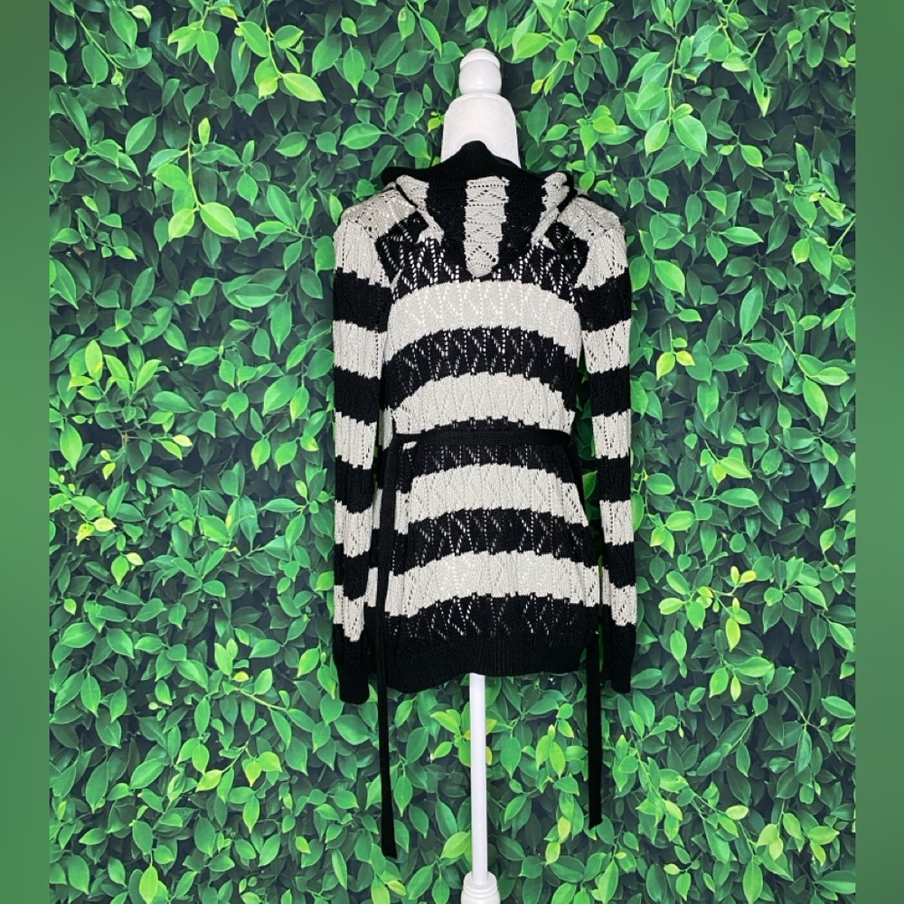 GREY & BLACK STRIPE KNITTED CARDIGAN W/ HOOD & WAIST TIE • SIZE S - Picture 5 of 6